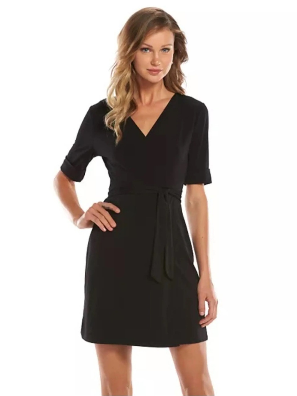 Apt. 9 New Large Black Faux Wrap Mini Dress Elbow Sleeves Tie Waist LBD